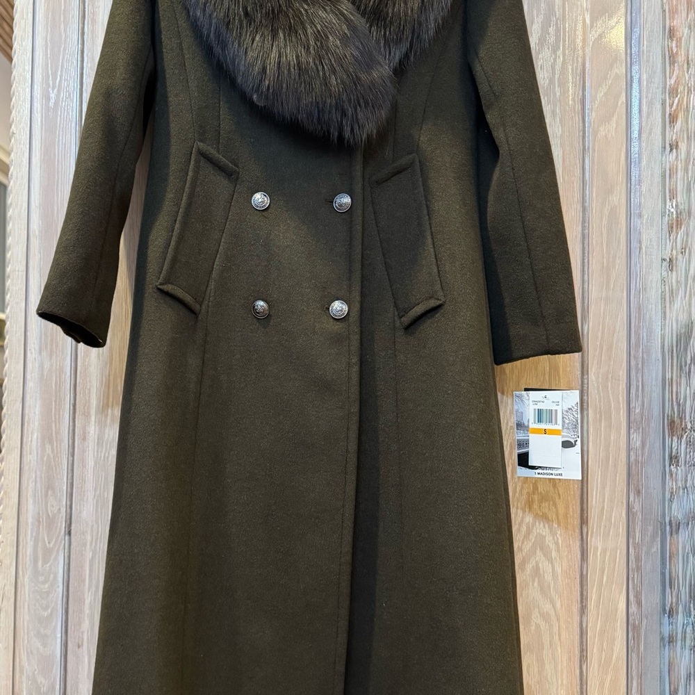 NWT! AUTHENTIC (detachable) FOX FUR! 1 Madison Olive wool Pea Coat! Stunning!